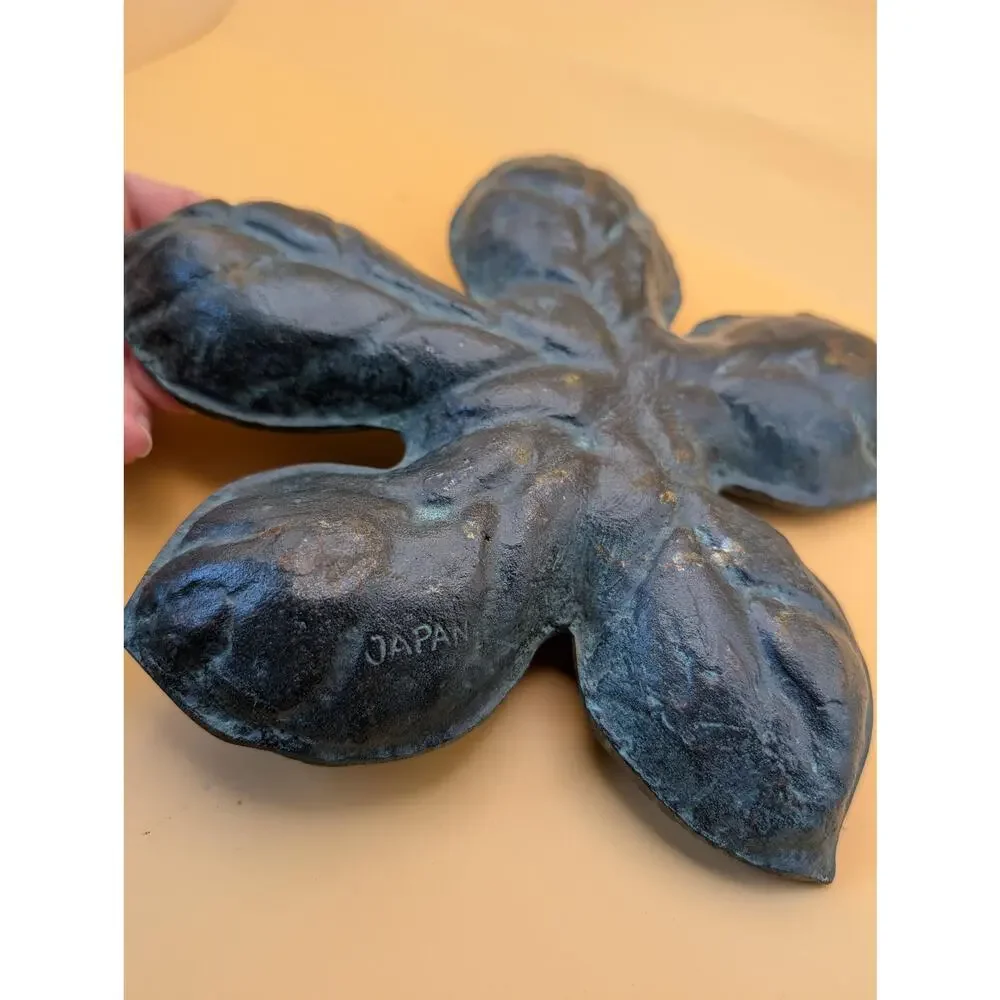 Vintage 60s Japan Cast Iron Divided Trinket Dish Leaf with Snail Insect Bug